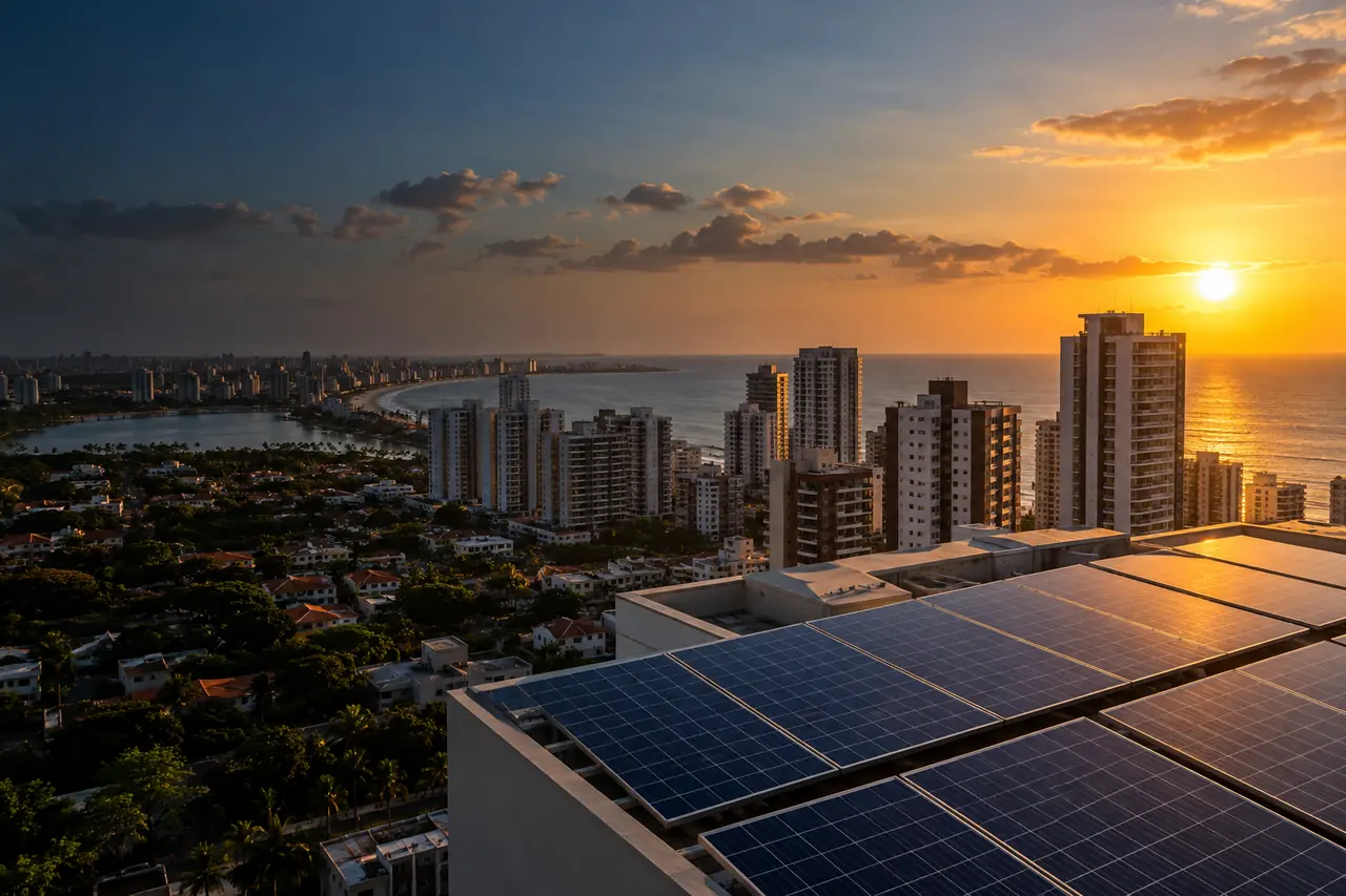 Vista ilustrativa de cidade litorânea brasileira ao pôr do sol, com painéis solares
