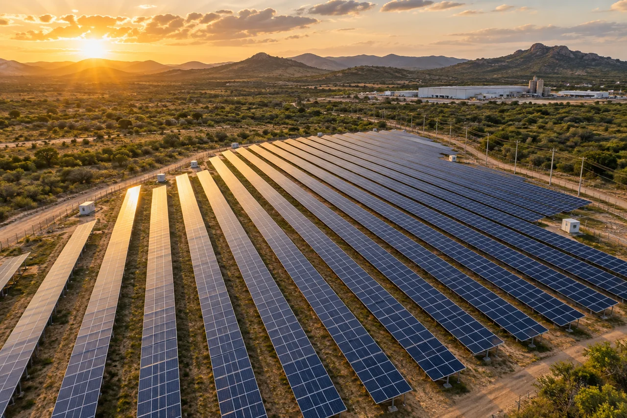 Imagem ilustrativa de usina solar com painéis alinhados